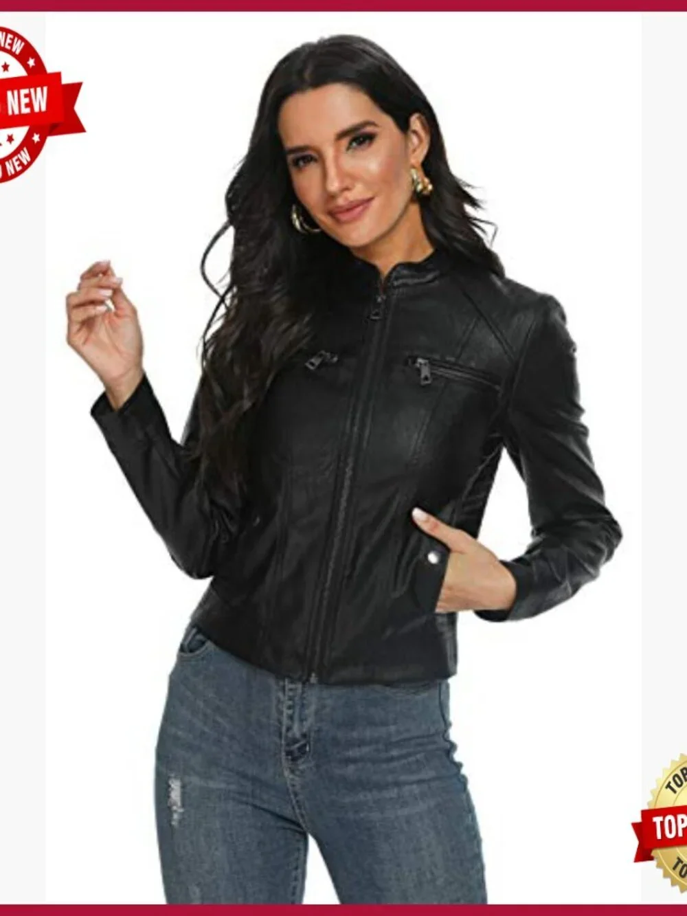 Faux Leather Motorcycle Jacket with Stand Collar, Polyester Lining
